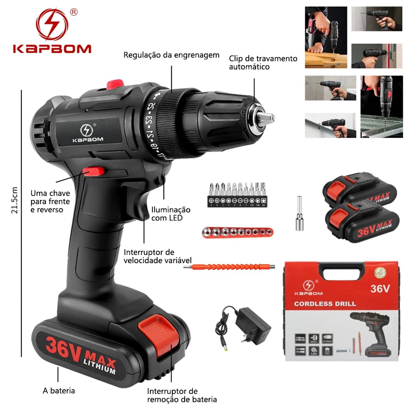 36v electric impact drill cordless high power lithium battery hand drill Household electric tools screwdriver