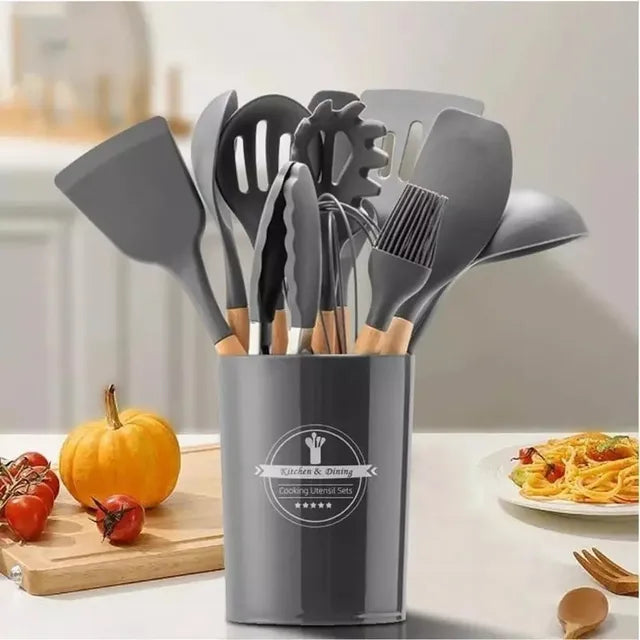 Jogo de Cozinha Kit C/12 Peças de Silicone, Utensílios e Copo Suporte para Cozinha Cabo de Madeira Su