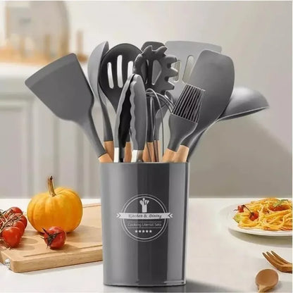 Jogo de Cozinha Kit C/12 Peças de Silicone, Utensílios e Copo Suporte para Cozinha Cabo de Madeira Su