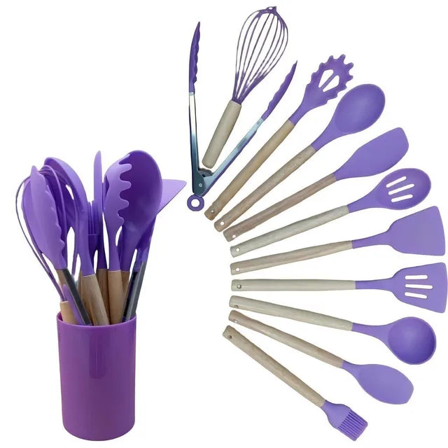 Jogo de Cozinha Kit C/12 Peças de Silicone, Utensílios e Copo Suporte para Cozinha Cabo de Madeira Su