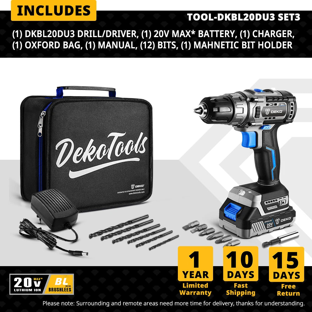 DEKO 20V Brushless Cordless Drill 42N.M Electric Screwdriver,18+1 Torque Settings,2-Speeds,3/8" Keyless Chuck Power Tools