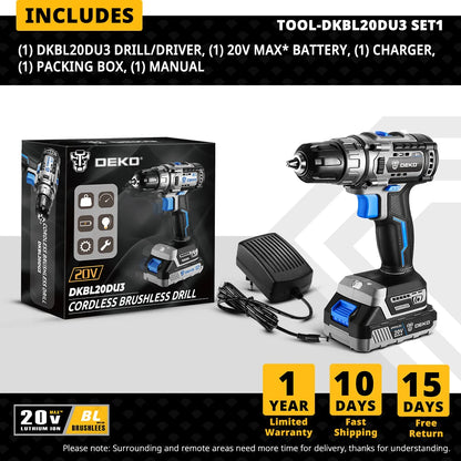 DEKO 20V Brushless Cordless Drill 42N.M Electric Screwdriver,18+1 Torque Settings,2-Speeds,3/8" Keyless Chuck Power Tools