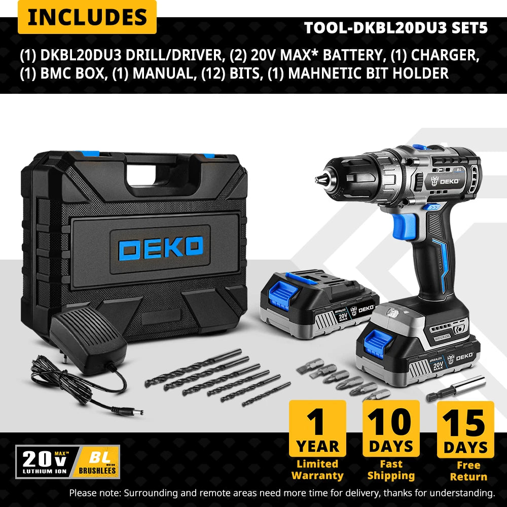 DEKO 20V Brushless Cordless Drill 42N.M Electric Screwdriver,18+1 Torque Settings,2-Speeds,3/8" Keyless Chuck Power Tools