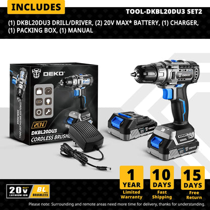 DEKO 20V Brushless Cordless Drill 42N.M Electric Screwdriver,18+1 Torque Settings,2-Speeds,3/8" Keyless Chuck Power Tools