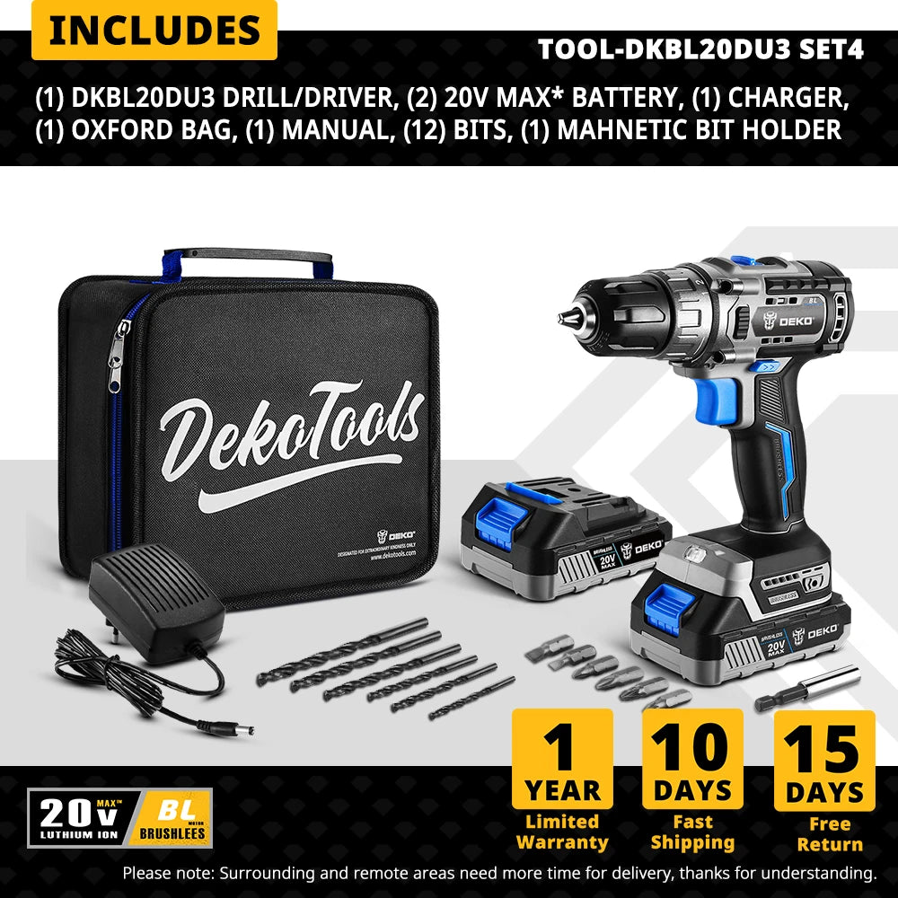 DEKO 20V Brushless Cordless Drill 42N.M Electric Screwdriver,18+1 Torque Settings,2-Speeds,3/8" Keyless Chuck Power Tools