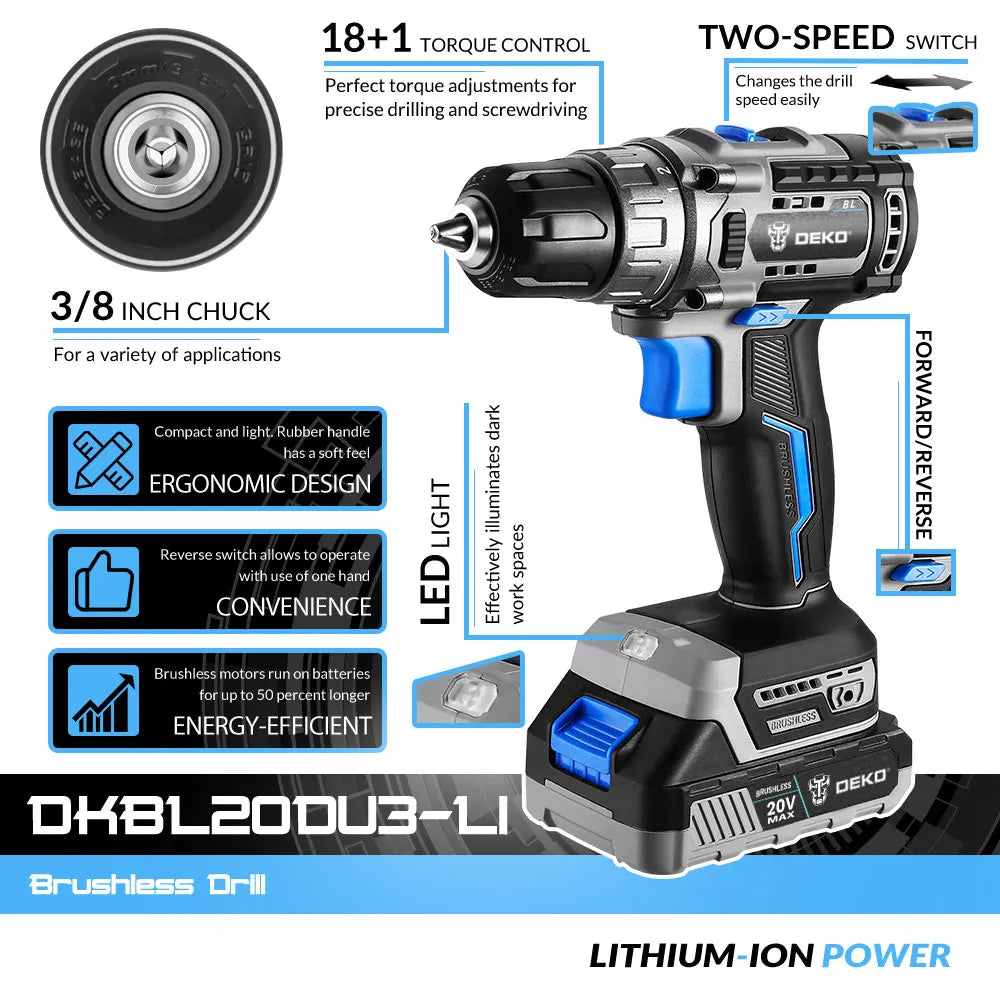 DEKO 20V Brushless Cordless Drill 42N.M Electric Screwdriver,18+1 Torque Settings,2-Speeds,3/8" Keyless Chuck Power Tools