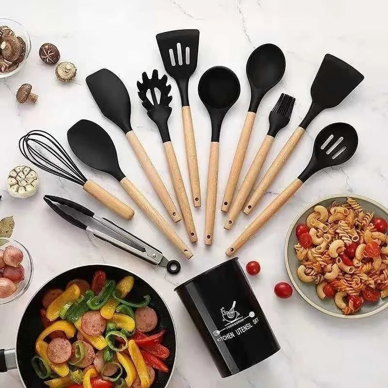 Jogo de Cozinha Kit C/12 Peças de Silicone, Utensílios e Copo Suporte para Cozinha Cabo de Madeira Su