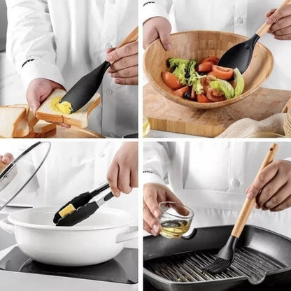 Jogo de Cozinha Kit C/12 Peças de Silicone, Utensílios e Copo Suporte para Cozinha Cabo de Madeira Su