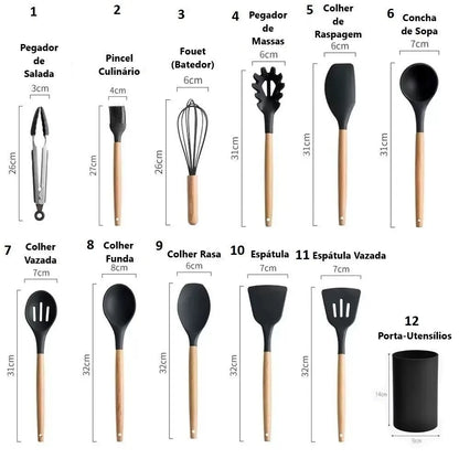 Jogo de Cozinha Kit C/12 Peças de Silicone, Utensílios e Copo Suporte para Cozinha Cabo de Madeira Su