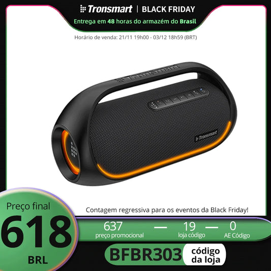 Tronsmart bang caixa de som bluetooth 60w exterior com bluetooth 5.3, baixo pesado, controle de aplicativos, alça portátil, para festa, acampamento